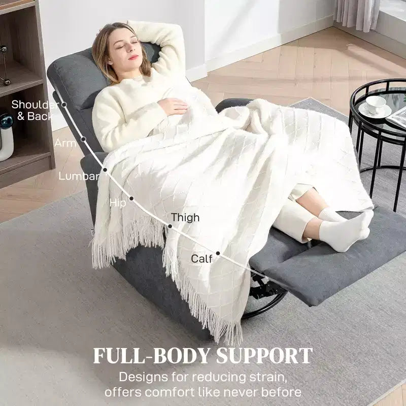 Poltrona Reclinabile Girevole con Funzione Dondolo, Ampio Divano Dondolo con Molle Insacchettate, Poggiapiedi, Poltrona Reclinabile Imbottita in Tessuto, Montaggio Rapido
