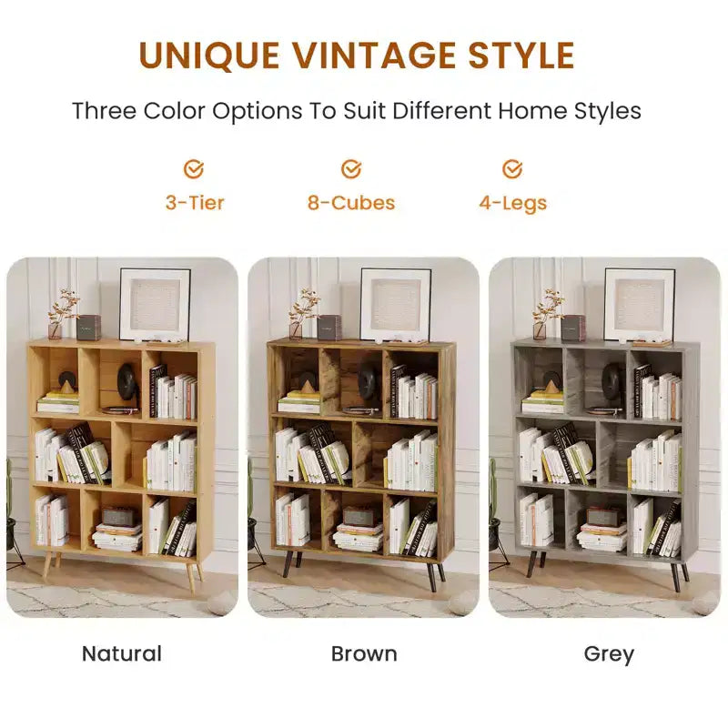 Scaffale Decorativo da 31,5 Pollici, Libreria, Scaffale Contenitore a 3 Ripiani e 8 Moduli con 4 Gambe in Legno Massello