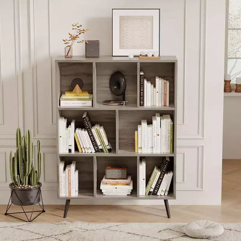 Scaffale Decorativo da 31,5 Pollici, Libreria, Scaffale Contenitore a 3 Ripiani e 8 Moduli con 4 Gambe in Legno Massello