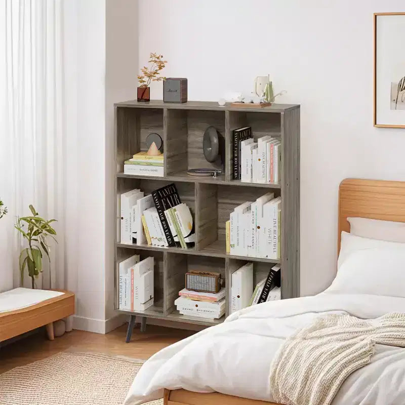 Scaffale Decorativo da 31,5 Pollici, Libreria, Scaffale Contenitore a 3 Ripiani e 8 Moduli con 4 Gambe in Legno Massello