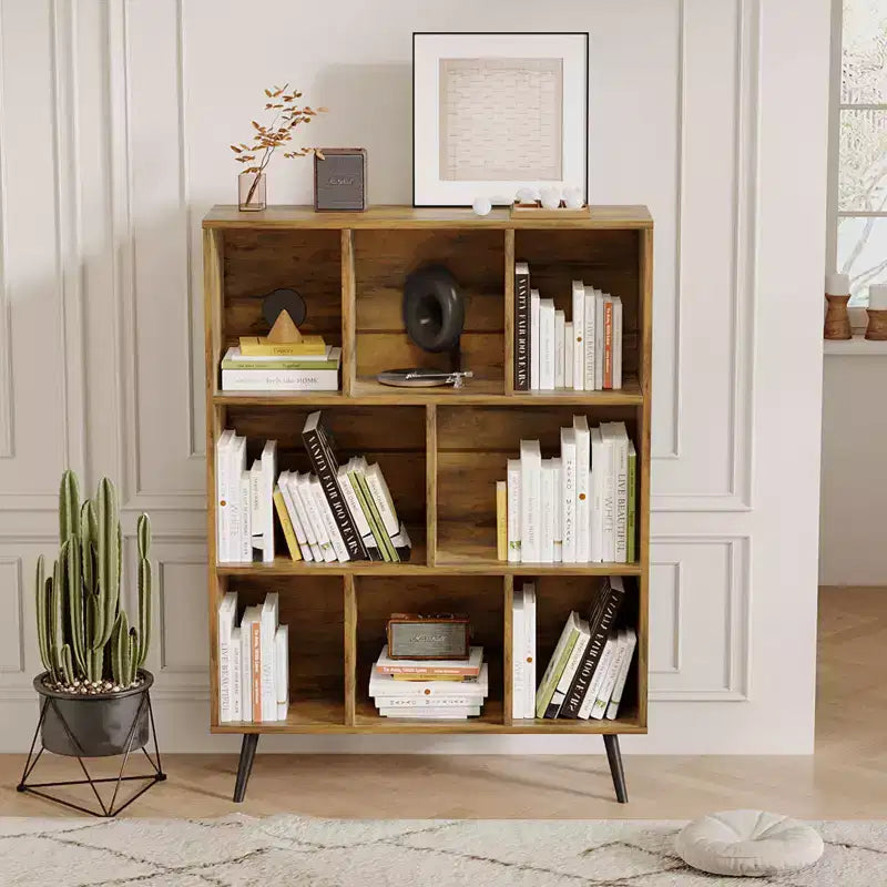 Scaffale Decorativo da 31,5 Pollici, Libreria, Scaffale Contenitore a 3 Ripiani e 8 Moduli con 4 Gambe in Legno Massello