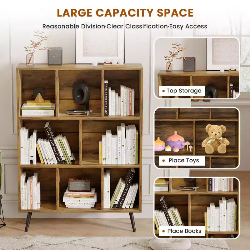 Scaffale Decorativo da 31,5 Pollici, Libreria, Scaffale Contenitore a 3 Ripiani e 8 Moduli con 4 Gambe in Legno Massello