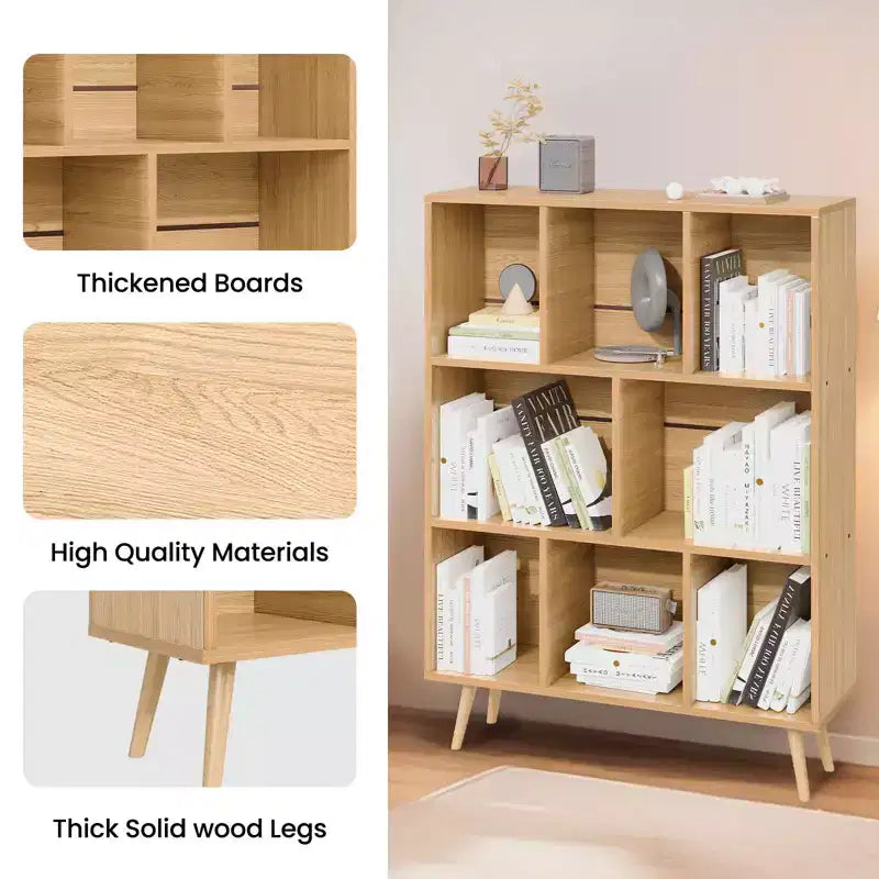 Scaffale Decorativo da 31,5 Pollici, Libreria, Scaffale Contenitore a 3 Ripiani e 8 Moduli con 4 Gambe in Legno Massello