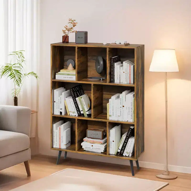 Scaffale Decorativo da 31,5 Pollici, Libreria, Scaffale Contenitore a 3 Ripiani e 8 Moduli con 4 Gambe in Legno Massello