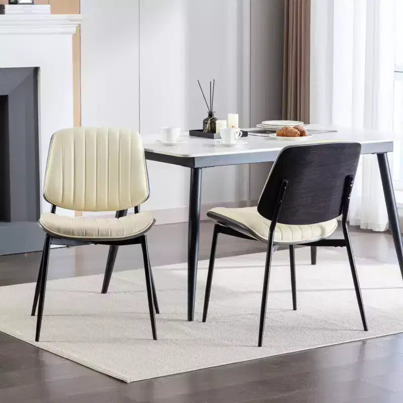 MAYEERTY Mid-Century Modern Dining Chairs - Faux Leather, Walnut Bentwood Back, Metal Legs, Adjustable Foot, Beige PU, Set of 2
