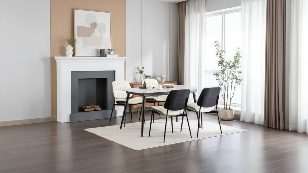 Sedie da pranzo Mid-Century Modern - Ecopelle, schienale in legno curvato di noce, gambe in metallo, piedino regolabile, PU beige, set da 2