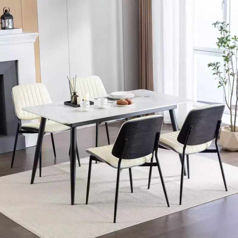Sedie da pranzo Mid-Century Modern - Ecopelle, schienale in legno curvato di noce, gambe in metallo, piedino regolabile, PU beige, set da 2