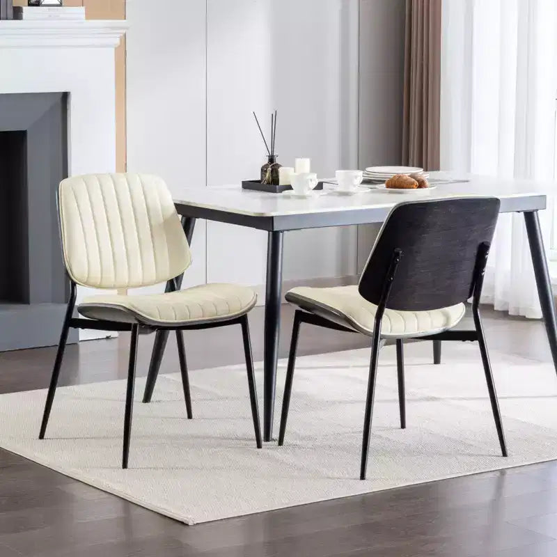 Sedie da pranzo Mid-Century Modern - Ecopelle, schienale in legno curvato di noce, gambe in metallo, piedino regolabile, PU beige, set da 2