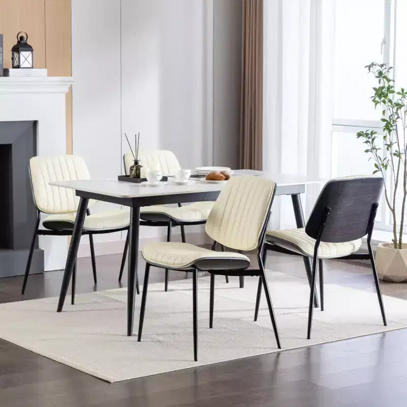 Sedie da pranzo Mid-Century Modern - Ecopelle, schienale in legno curvato di noce, gambe in metallo, piedino regolabile, PU beige, set da 2