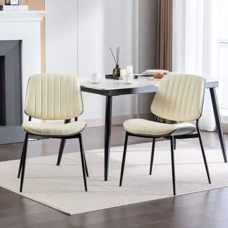 Sedie da pranzo Mid-Century Modern - Ecopelle, schienale in legno curvato di noce, gambe in metallo, piedino regolabile, PU beige, set da 2