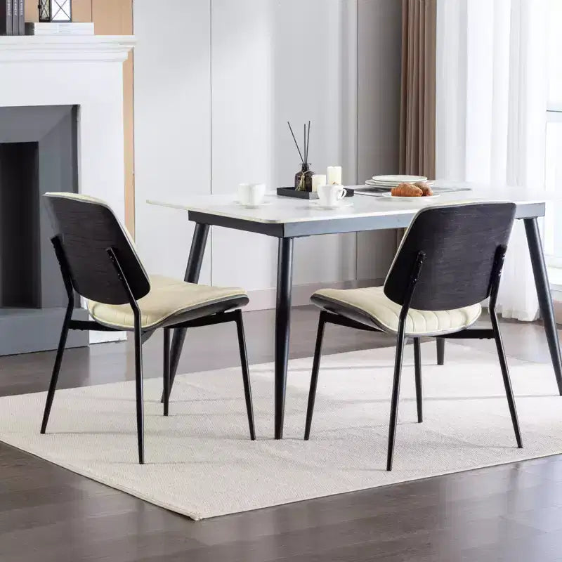 Sedie da pranzo Mid-Century Modern - Ecopelle, schienale in legno curvato di noce, gambe in metallo, piedino regolabile, PU beige, set da 2