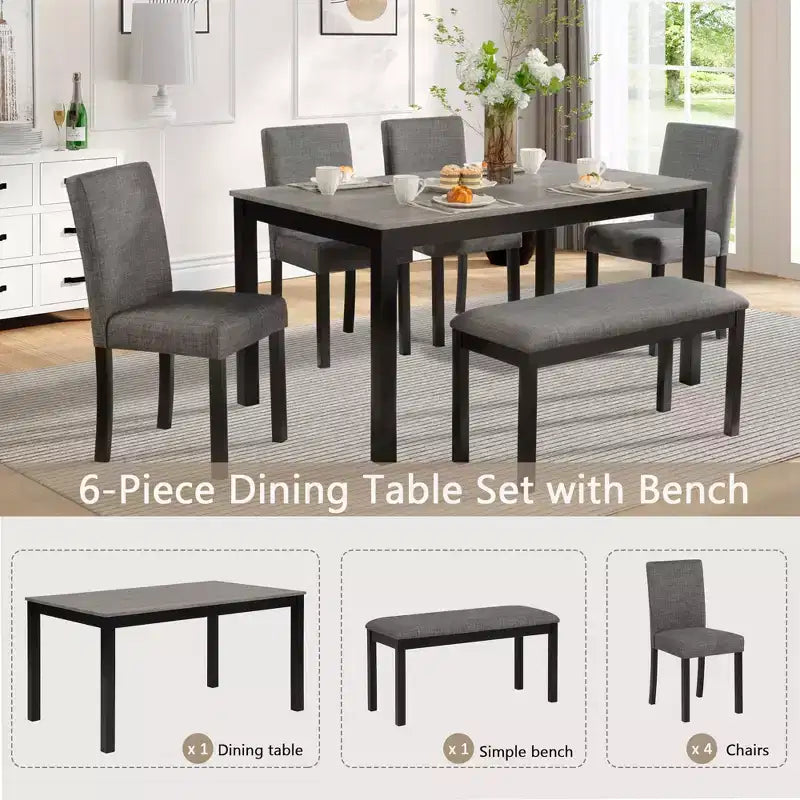 Set da Pranzo da 6 Pezzi con Panca e Sedie, Set Tavolo da Pranzo per 6 con Panca, Set Tavolo da Pranzo in Legno per Cucina, Sala da Pranzo