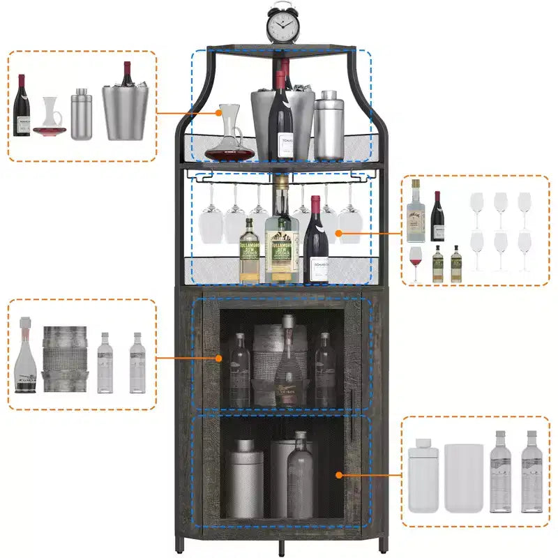 Porta-bottiglie angolare, scaffale a 5 ripiani con portabottiglie rimovibile, mobile bar con porta-bicchieri, piccolo mobiletto per sala da pranzo e credenza con anta a rete