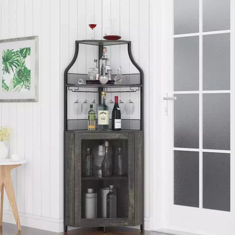 Porta-bottiglie angolare, scaffale a 5 ripiani con portabottiglie rimovibile, mobile bar con porta-bicchieri, piccolo mobiletto per sala da pranzo e credenza con anta a rete