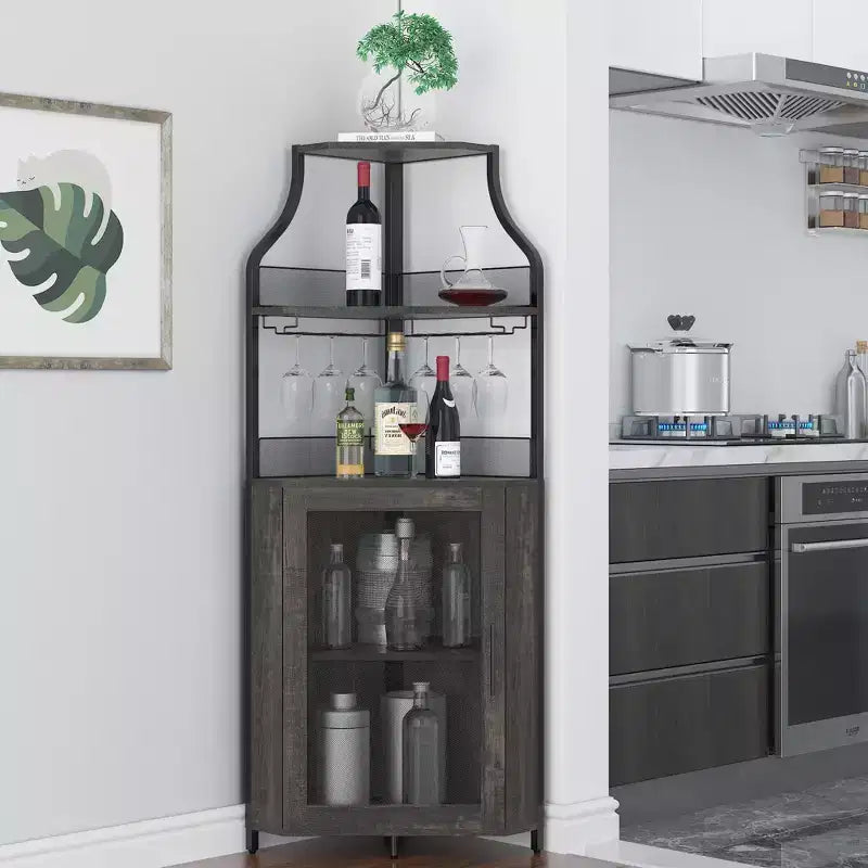 Porta-bottiglie angolare, scaffale a 5 ripiani con portabottiglie rimovibile, mobile bar con porta-bicchieri, piccolo mobiletto per sala da pranzo e credenza con anta a rete