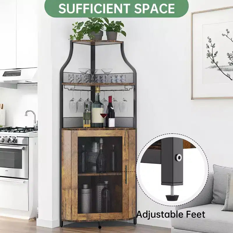 Porta-bottiglie angolare, scaffale a 5 ripiani con portabottiglie rimovibile, mobile bar con porta-bicchieri, piccolo mobiletto per sala da pranzo e credenza con anta a rete
