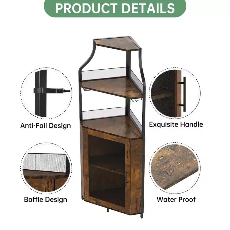 Porta-bottiglie angolare, scaffale a 5 ripiani con portabottiglie rimovibile, mobile bar con porta-bicchieri, piccolo mobiletto per sala da pranzo e credenza con anta a rete