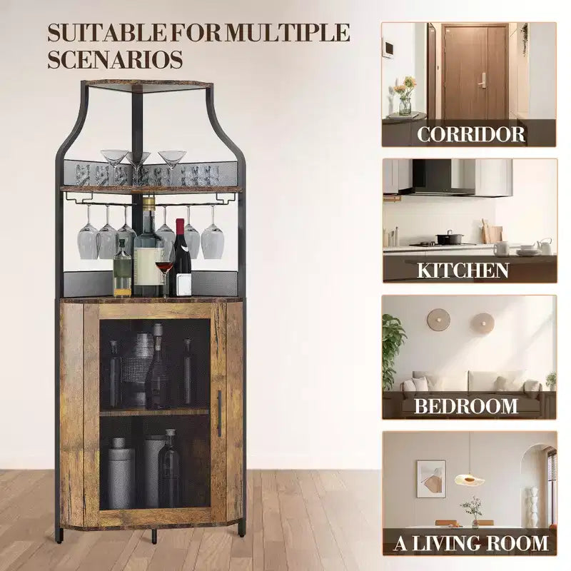 Porta-bottiglie angolare, scaffale a 5 ripiani con portabottiglie rimovibile, mobile bar con porta-bicchieri, piccolo mobiletto per sala da pranzo e credenza con anta a rete