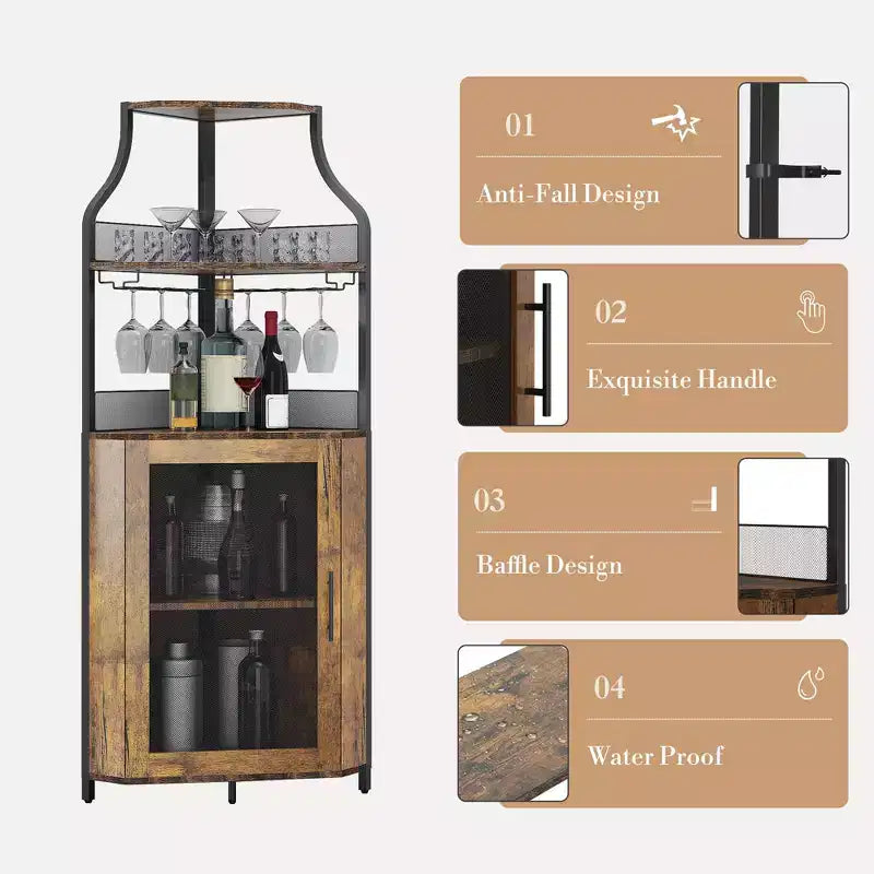 Porta-bottiglie angolare, scaffale a 5 ripiani con portabottiglie rimovibile, mobile bar con porta-bicchieri, piccolo mobiletto per sala da pranzo e credenza con anta a rete