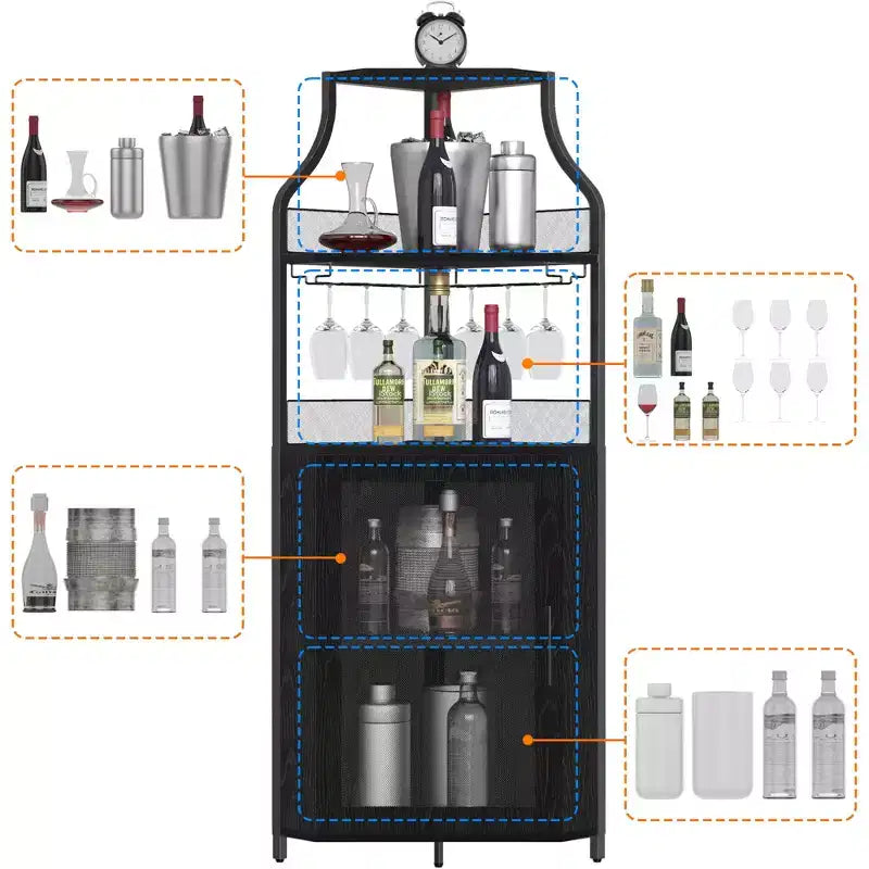 Porta-bottiglie angolare, scaffale a 5 ripiani con portabottiglie rimovibile, mobile bar con porta-bicchieri, piccolo mobiletto per sala da pranzo e credenza con anta a rete