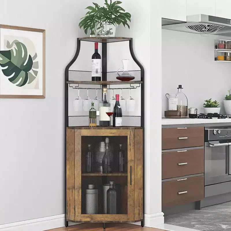 Porta-bottiglie angolare, scaffale a 5 ripiani con portabottiglie rimovibile, mobile bar con porta-bicchieri, piccolo mobiletto per sala da pranzo e credenza con anta a rete