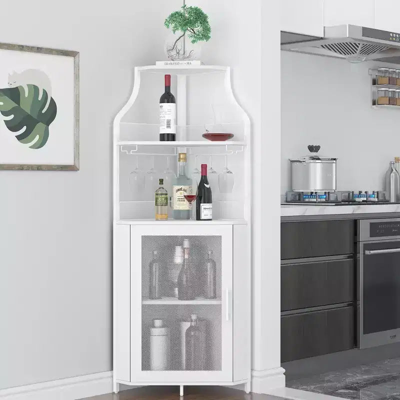 Porta-bottiglie angolare, scaffale a 5 ripiani con portabottiglie rimovibile, mobile bar con porta-bicchieri, piccolo mobiletto per sala da pranzo e credenza con anta a rete