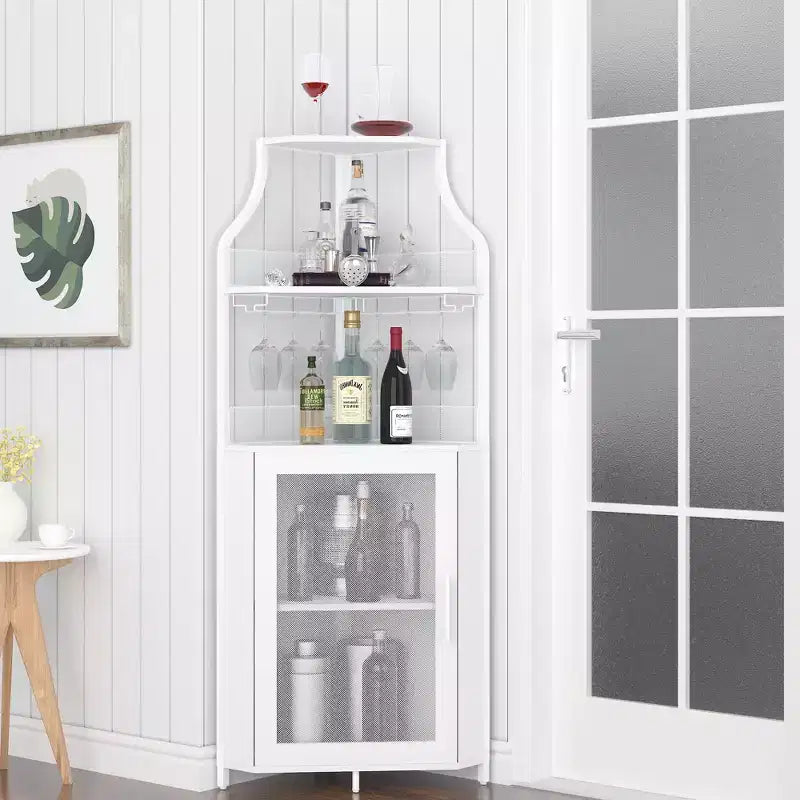 Porta-bottiglie angolare, scaffale a 5 ripiani con portabottiglie rimovibile, mobile bar con porta-bicchieri, piccolo mobiletto per sala da pranzo e credenza con anta a rete