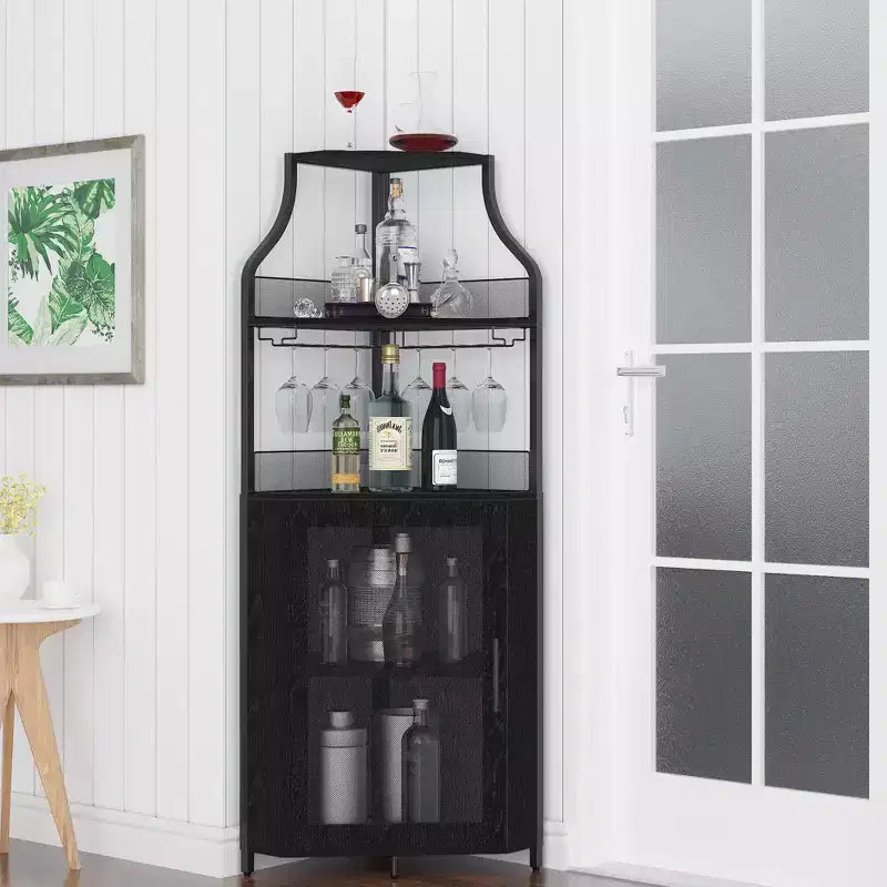 Porta-bottiglie angolare, scaffale a 5 ripiani con portabottiglie rimovibile, mobile bar con porta-bicchieri, piccolo mobiletto per sala da pranzo e credenza con anta a rete