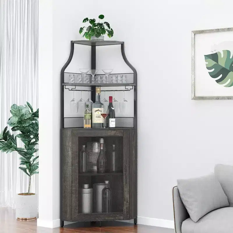 Porta-bottiglie angolare, scaffale a 5 ripiani con portabottiglie rimovibile, mobile bar con porta-bicchieri, piccolo mobiletto per sala da pranzo e credenza con anta a rete