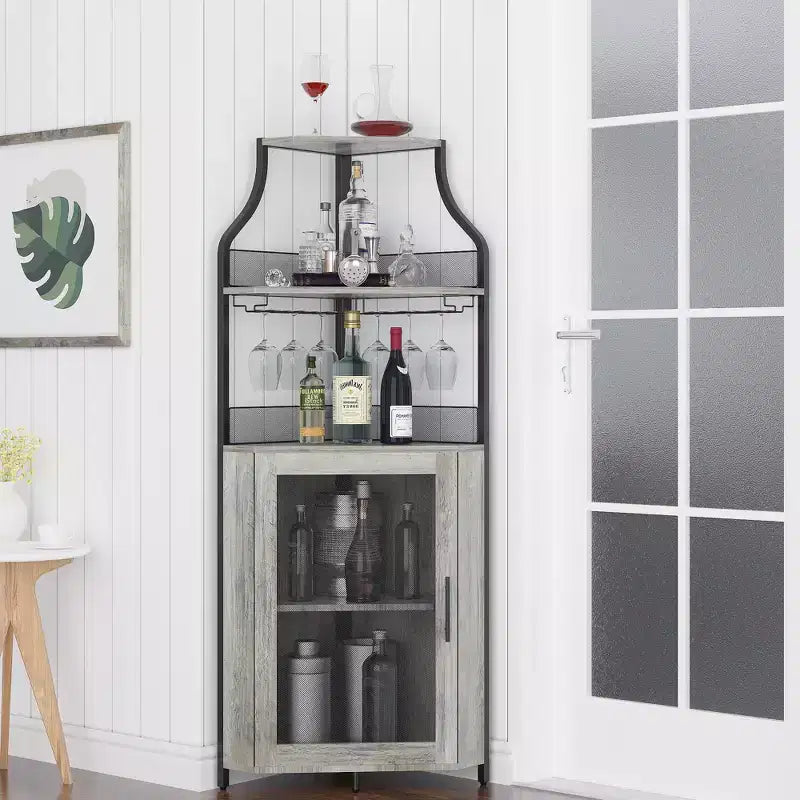 Porta-bottiglie angolare, scaffale a 5 ripiani con portabottiglie rimovibile, mobile bar con porta-bicchieri, piccolo mobiletto per sala da pranzo e credenza con anta a rete