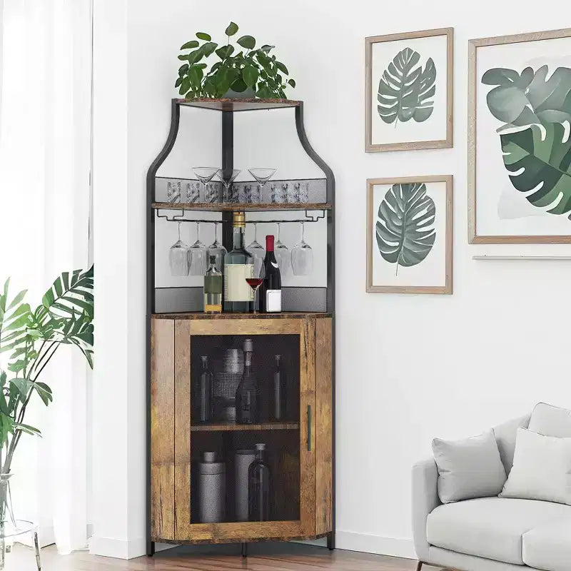 Porta-bottiglie angolare, scaffale a 5 ripiani con portabottiglie rimovibile, mobile bar con porta-bicchieri, piccolo mobiletto per sala da pranzo e credenza con anta a rete