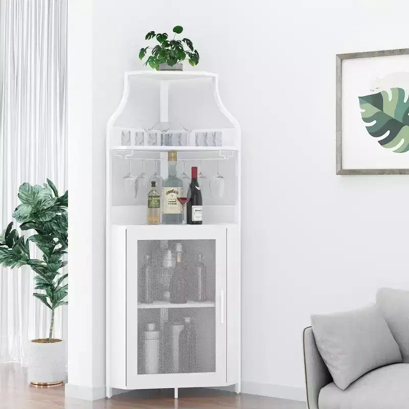 Porta-bottiglie angolare, scaffale a 5 ripiani con portabottiglie rimovibile, mobile bar con porta-bicchieri, piccolo mobiletto per sala da pranzo e credenza con anta a rete
