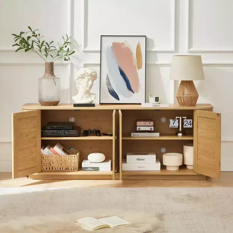 Credenza buffet a forma d'onda 24/31.5H, Porta TV, Mobile ad angolo arrotondato con ante in rattan a strisce verticali in legno, Naturale