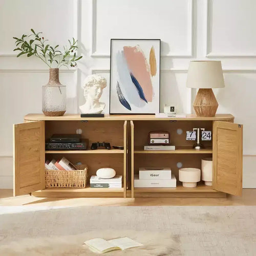 Credenza buffet a forma d'onda 24/31.5H, Porta TV, Mobile ad angolo arrotondato con ante in rattan a strisce verticali in legno, Naturale