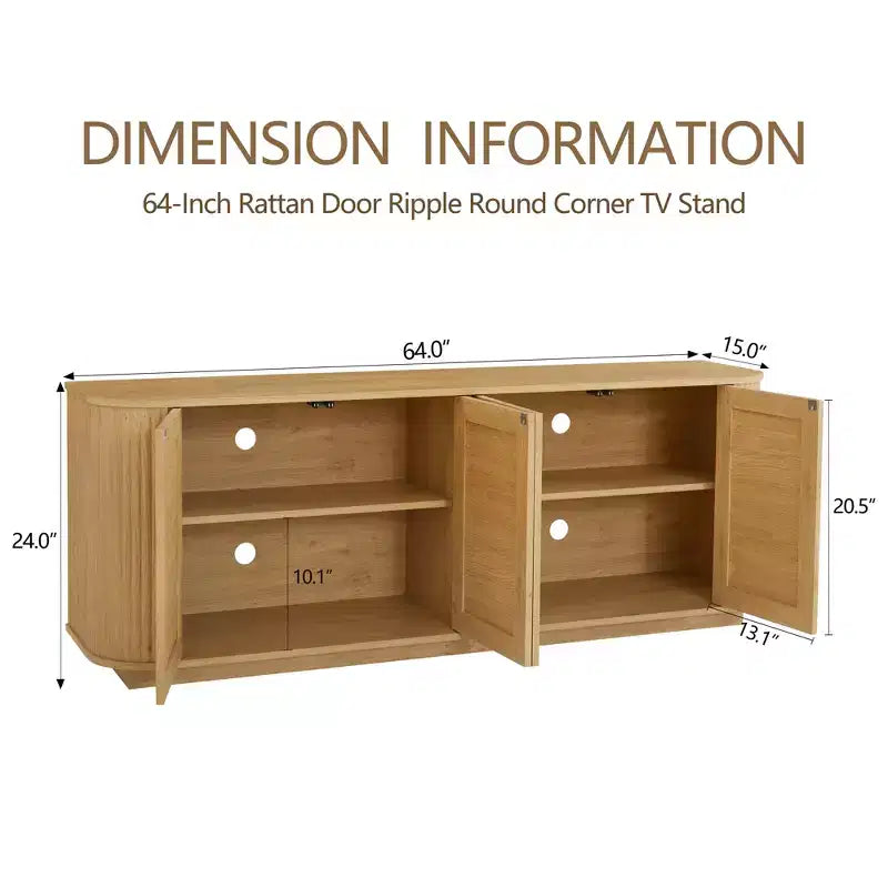 Credenza buffet a forma d'onda 24/31.5H, Porta TV, Mobile ad angolo arrotondato con ante in rattan a strisce verticali in legno, Naturale