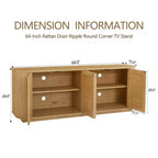Credenza buffet a forma d'onda 24/31.5H, Porta TV, Mobile ad angolo arrotondato con ante in rattan a strisce verticali in legno, Naturale