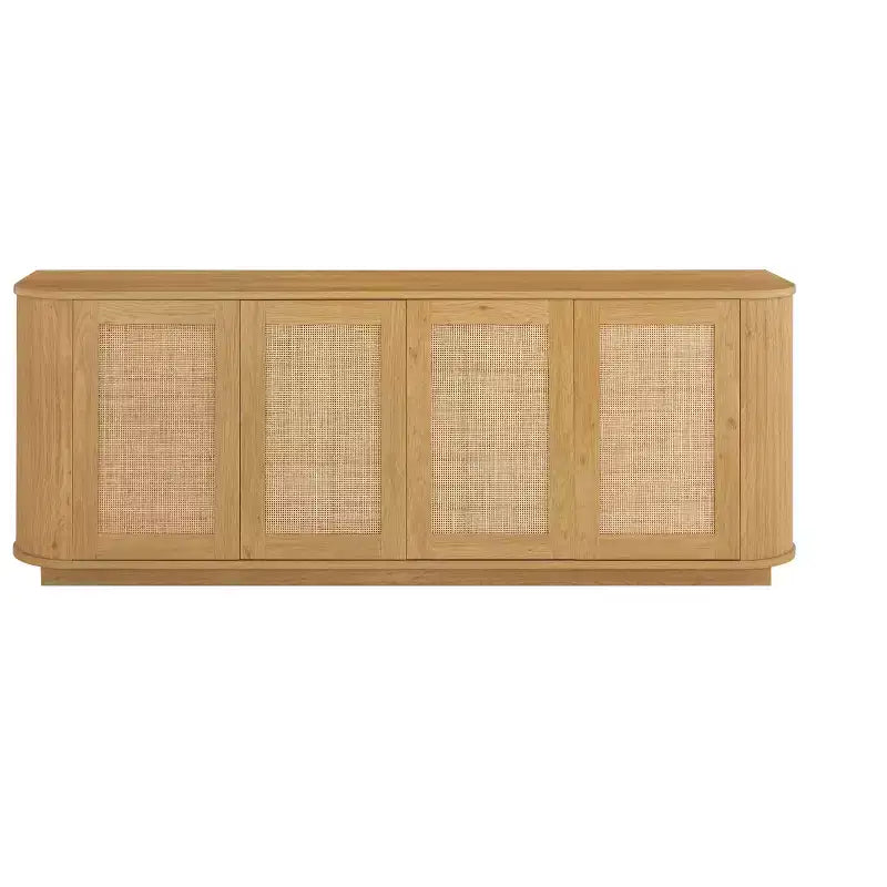 Credenza buffet a forma d'onda 24/31.5H, Porta TV, Mobile ad angolo arrotondato con ante in rattan a strisce verticali in legno, Naturale