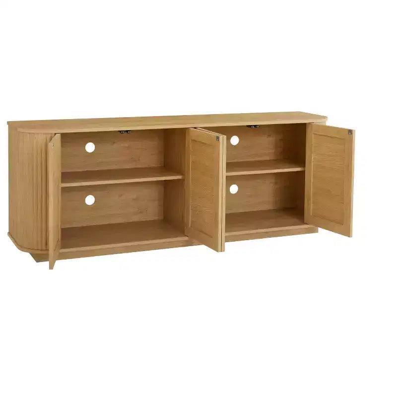 Credenza buffet a forma d'onda 24/31.5H, Porta TV, Mobile ad angolo arrotondato con ante in rattan a strisce verticali in legno, Naturale