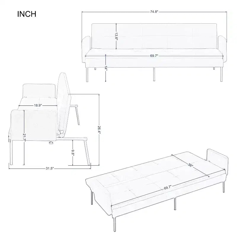 Divano letto futon convertibile da 190 cm con schienale regolabile in 5 posizioni