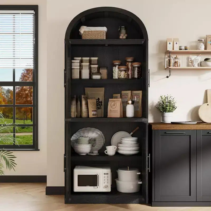 Libreria ad Arco da 72" con 4 Ante - Libreria Moderna in Stile Country con Ripiani Aperti per Soggiorno e Camera da Letto (Nero)