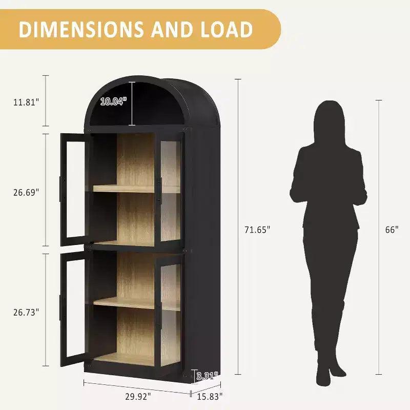 Libreria ad Arco da 72" con 4 Ante - Libreria Moderna in Stile Country con Ripiani Aperti per Soggiorno e Camera da Letto (Nero)