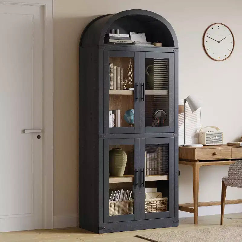 Libreria ad Arco da 72" con 4 Ante - Libreria Moderna in Stile Country con Ripiani Aperti per Soggiorno e Camera da Letto (Nero)