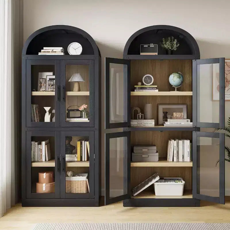 Libreria ad Arco da 72" con 4 Ante - Libreria Moderna in Stile Country con Ripiani Aperti per Soggiorno e Camera da Letto (Nero)