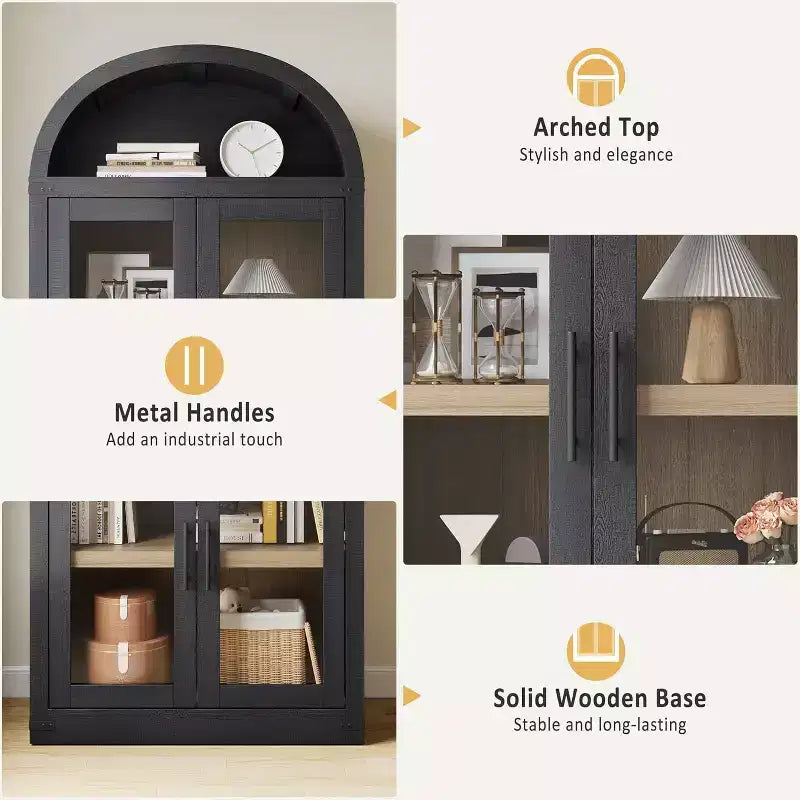 Libreria ad Arco da 72" con 4 Ante - Libreria Moderna in Stile Country con Ripiani Aperti per Soggiorno e Camera da Letto (Nero)