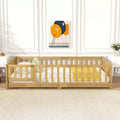 MAYEERTY Twin Floor Bed with Fence without Door, Rubber Wood Floor Guardrails Beige