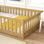 Letto Matrimoniale a Pavimento con Recinzione Senza Porta, Sponde Paracolpi a Pavimento in Legno di Gomma Beige