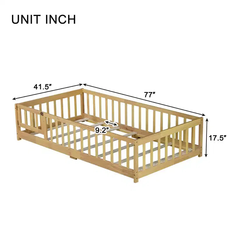 Letto Matrimoniale a Pavimento con Recinzione Senza Porta, Sponde Paracolpi a Pavimento in Legno di Gomma Beige
