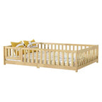 Letto Matrimoniale a Pavimento con Recinzione Senza Porta, Sponde Paracolpi a Pavimento in Legno di Gomma Beige