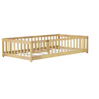 Letto Matrimoniale a Pavimento con Recinzione Senza Porta, Sponde Paracolpi a Pavimento in Legno di Gomma Beige
