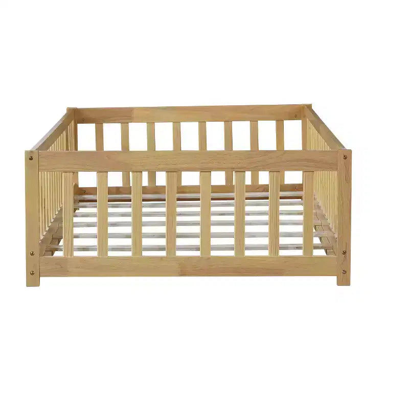 Letto Matrimoniale a Pavimento con Recinzione Senza Porta, Sponde Paracolpi a Pavimento in Legno di Gomma Beige